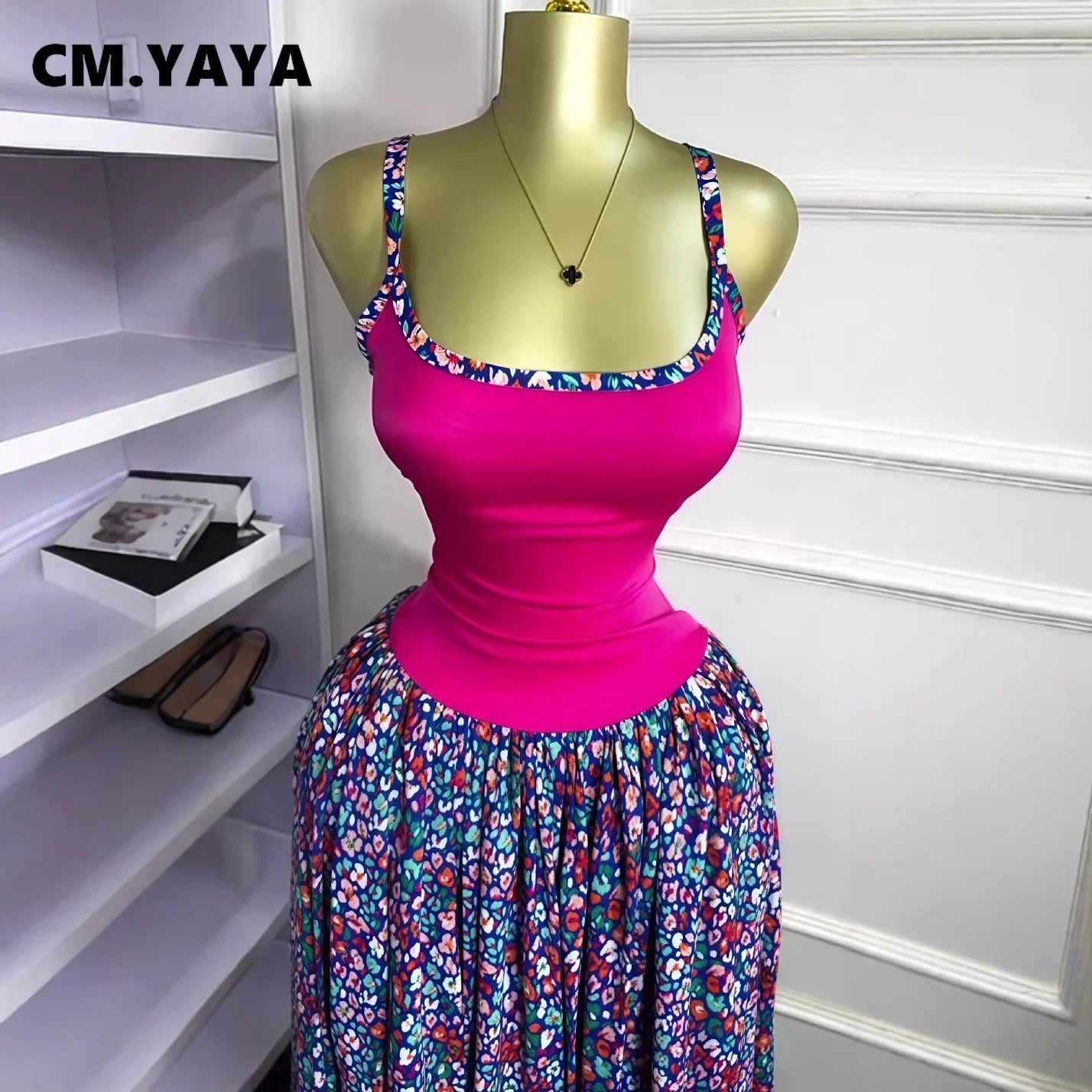 CM.YAYA Women Floral Printed Patchwork Strap Tank Maxi Long Dress 2025 Summer Beach Birthday Sexy Club Party Evening Dresses