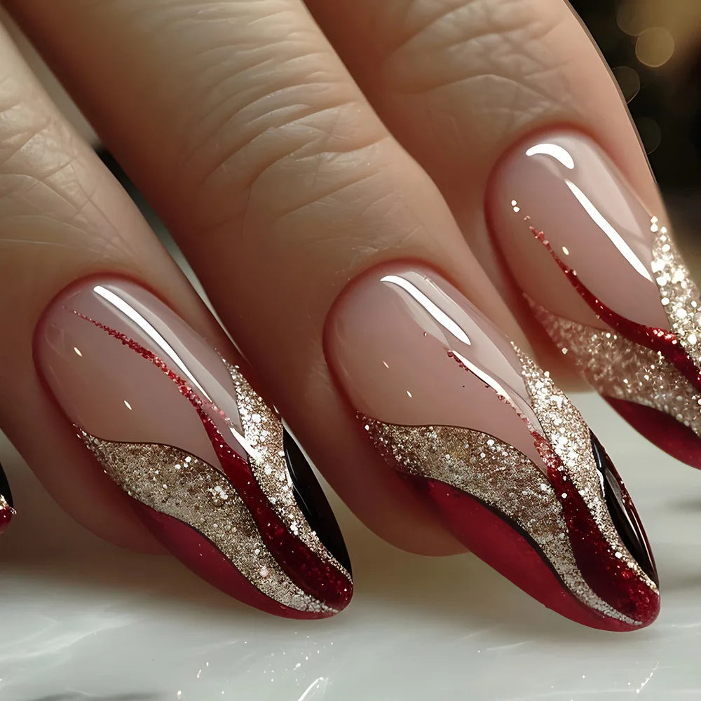 24Pcs Shading Gradient Deep Blue Press on Nails Stripes Almond False Nails with Jelly Glue Wearable Fashion Finished Nail Patch