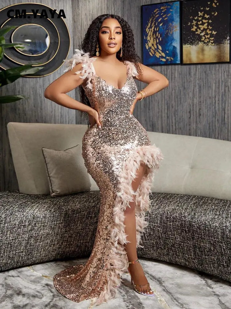 CM.YAYA Women Sequined Spaghetti Strap Feather Hem High Side Slit Mermaid Trumpet Bodycon Midi Evening Sexy Party Maxi Dresses