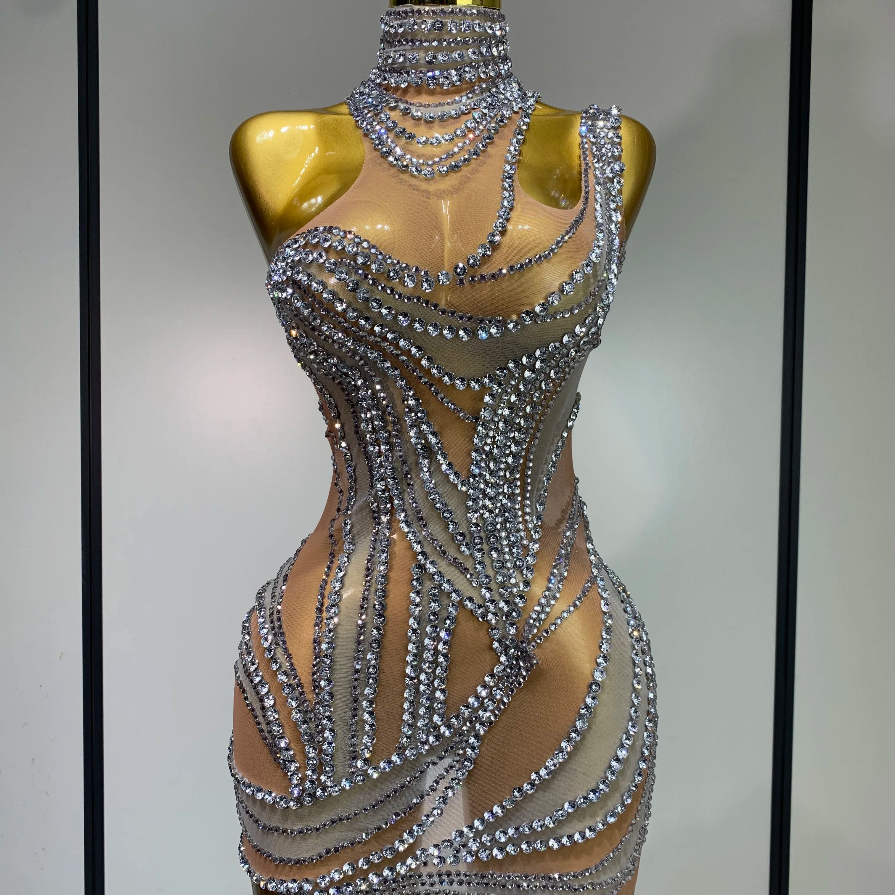 Sparkly Crystals See Through Women Cocktail Dresses Celebrate Birthday Party Gowns Singer Performance Stretch Stage Costume