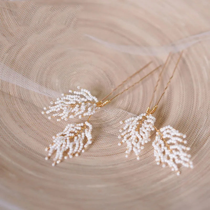 Fabric Floral Bridal Hair Pins Clips Gold Color Pearls Wedding Hair Pieces Women Accessories Handmade TY248