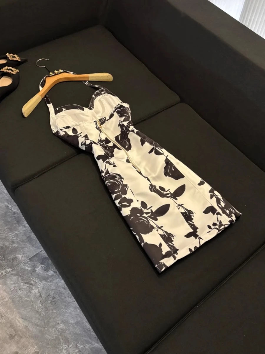 TWOTWINSTYLE Hit Color Slimming Spliced Printing Dresses for Women Halter Neck Sleeveless Temperament Dress Female Fashion New