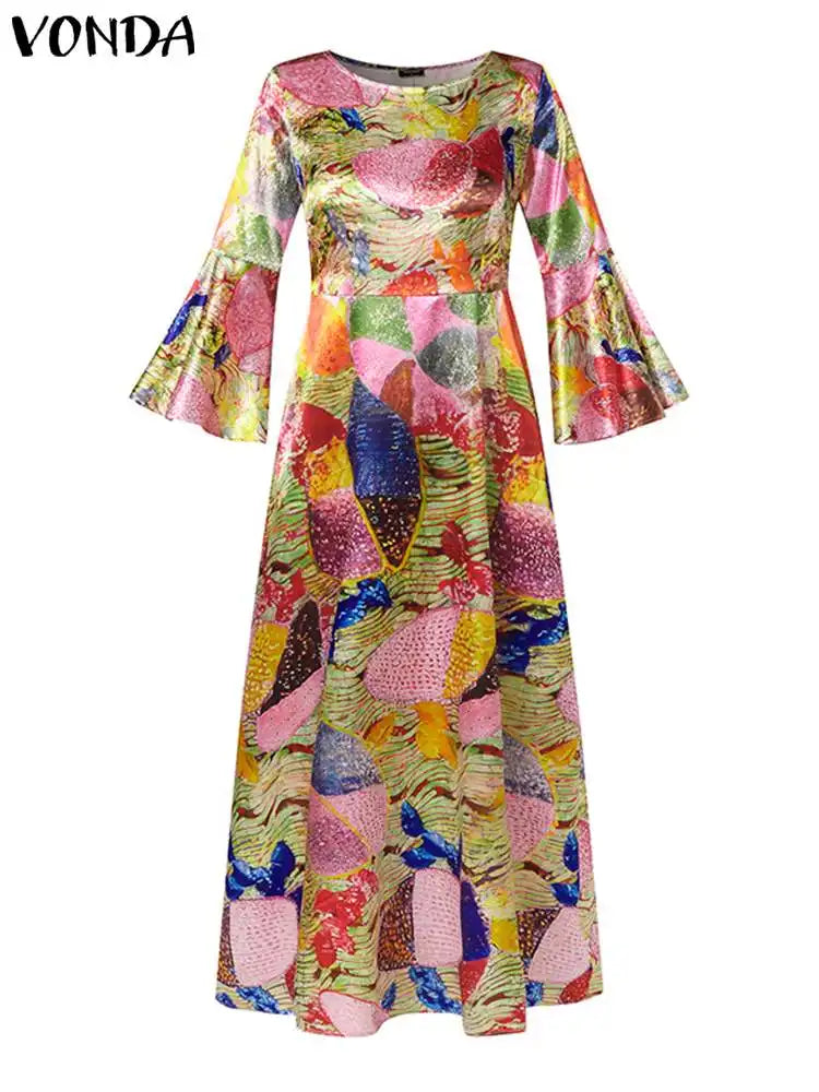Plus Size 5XL Elegant Women Maxi Dress Autumn Long Flare Sleeve Casual Printed Elegant Long Shirt Sundress Party Vestidos