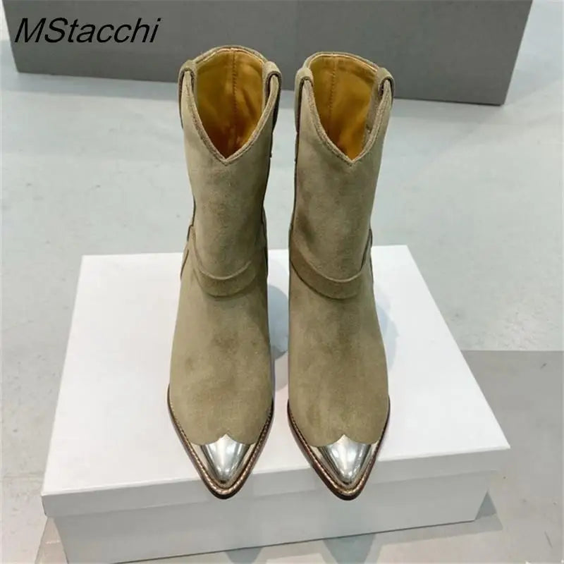 Metal Toe Women's Knight Boots Elegant Genuine Suede Leather Short Boots Ladies Strange Heel Shoes Women Slip-on Mid-calf Boots