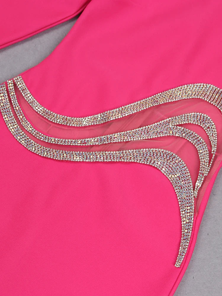 BEVENCCEL Women's New One Shoulder Long Sleeve Mesh Patch Diamond Bandage Dress Elegant Sexy Club Evening Party Mini Dress