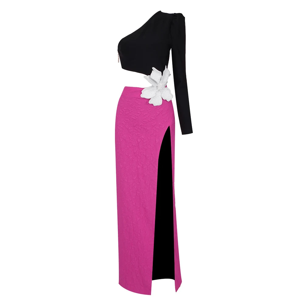 VC Fashion Party Dresses For Women 2023 Autumn Winter Sexy One Shoulder Long Sleeves High Waist Big Flower Decoration Gowns