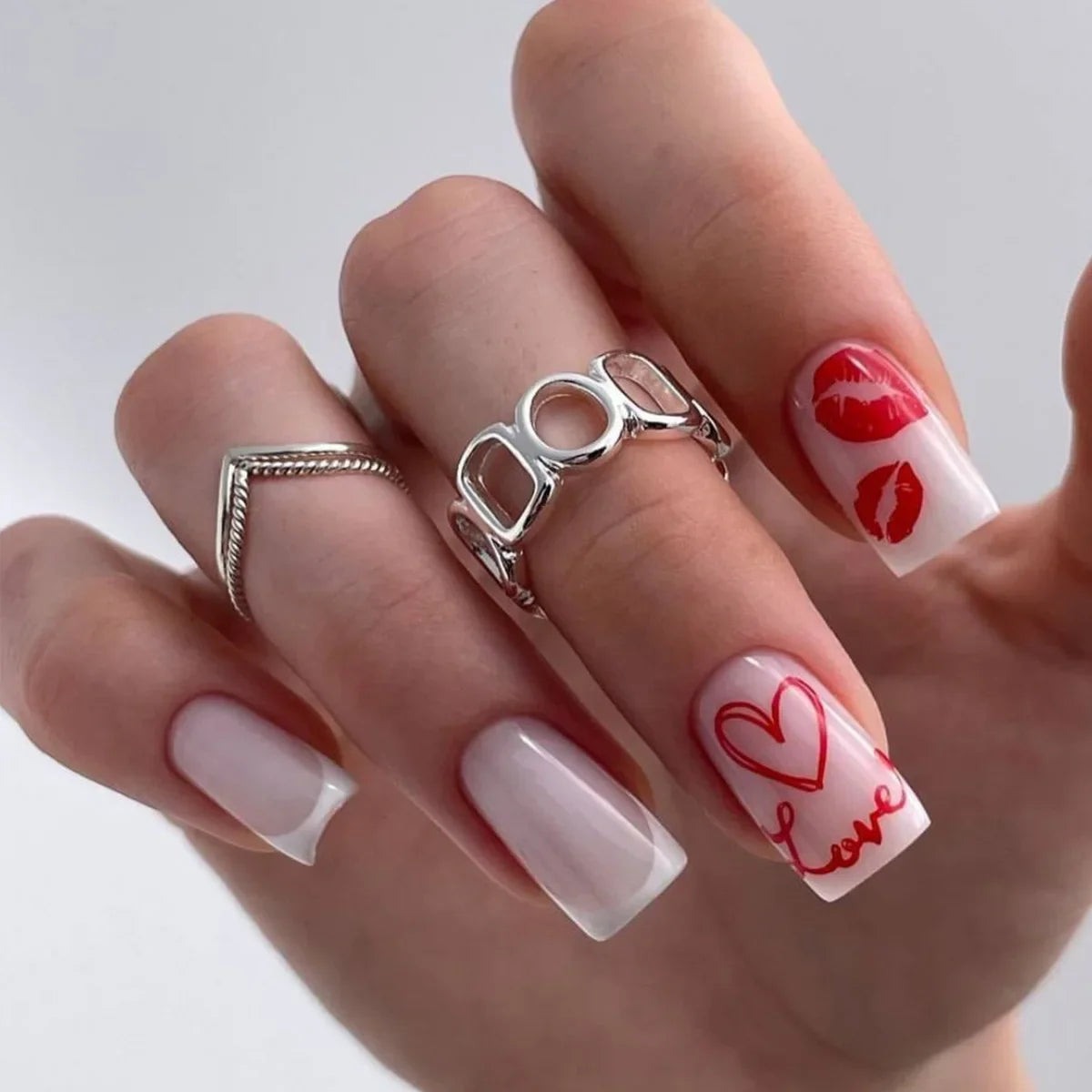 24Pc Square French Fake Nails with Heart Love Designs Glossy White Pink Press on Nails Full Cover False Nail for Valentine's Day
