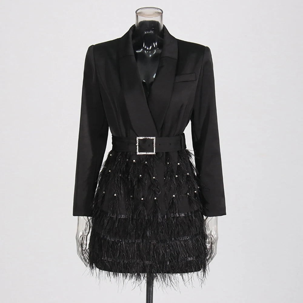 TWOTWINSTYLE Solid Spliced Bead Fashion Mini Dresses for Women Lapel Long Sleeves Patchwork Button Elegant Dress Female Clothing