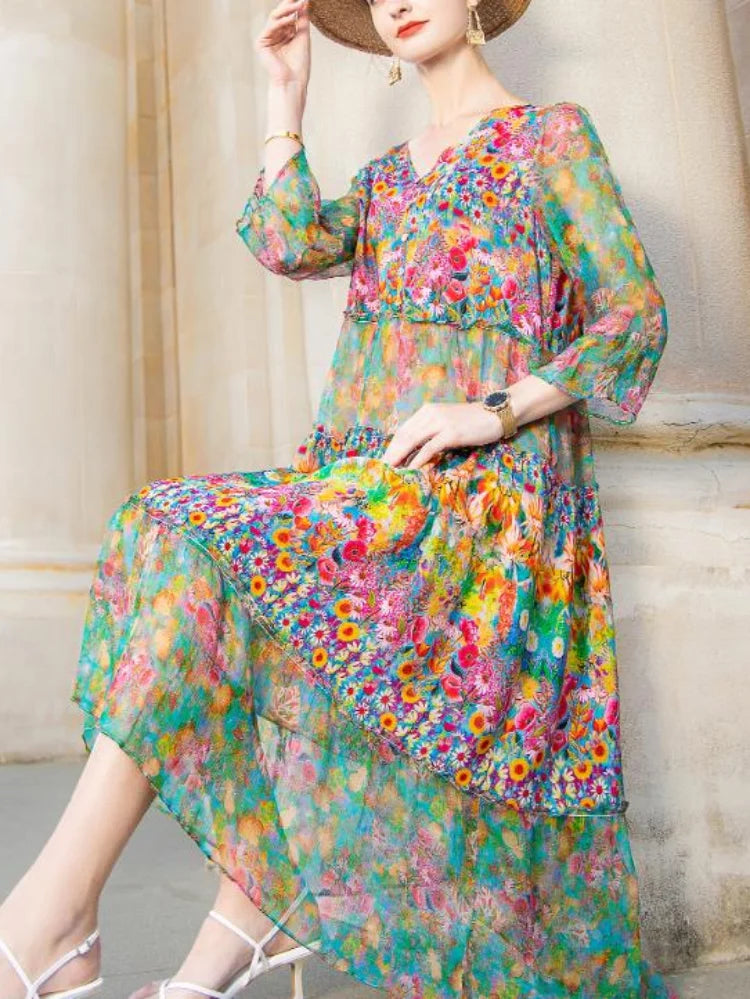Summer 2023 Beach Boho Vintage Print Chiffon V Neck Dress Elegant Party Robe Designer Vestidos Loose Midi Dresses
