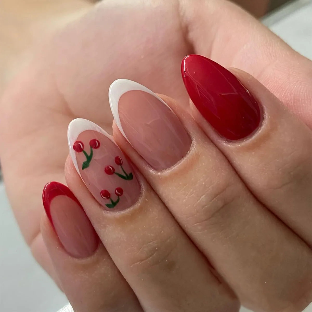 10Pcs White French Fake Nail with Glue Almond Press on False Naills Pink 3D Bow Camellia Design Nails Art Wearable Manicure Tips
