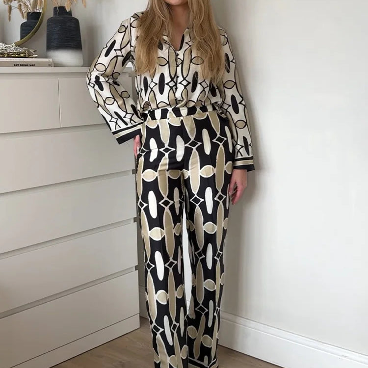 TRAF Women 2 Pieces Set Casual High Waist Pockets Elastic Waist Wide Leg Pant+Chic Printed Lapel Long Sleeve Shirt Blouse