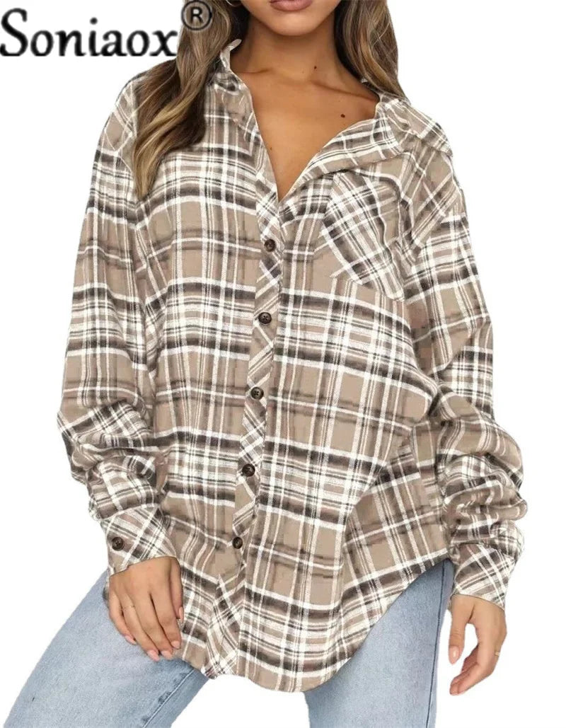 Flannel Plaid Shirt Women Autumn Loose Button Up Lapels Tops Casual Checkered Long Sleeve Blouse Ladies Pockets Basic Female New APRICOT