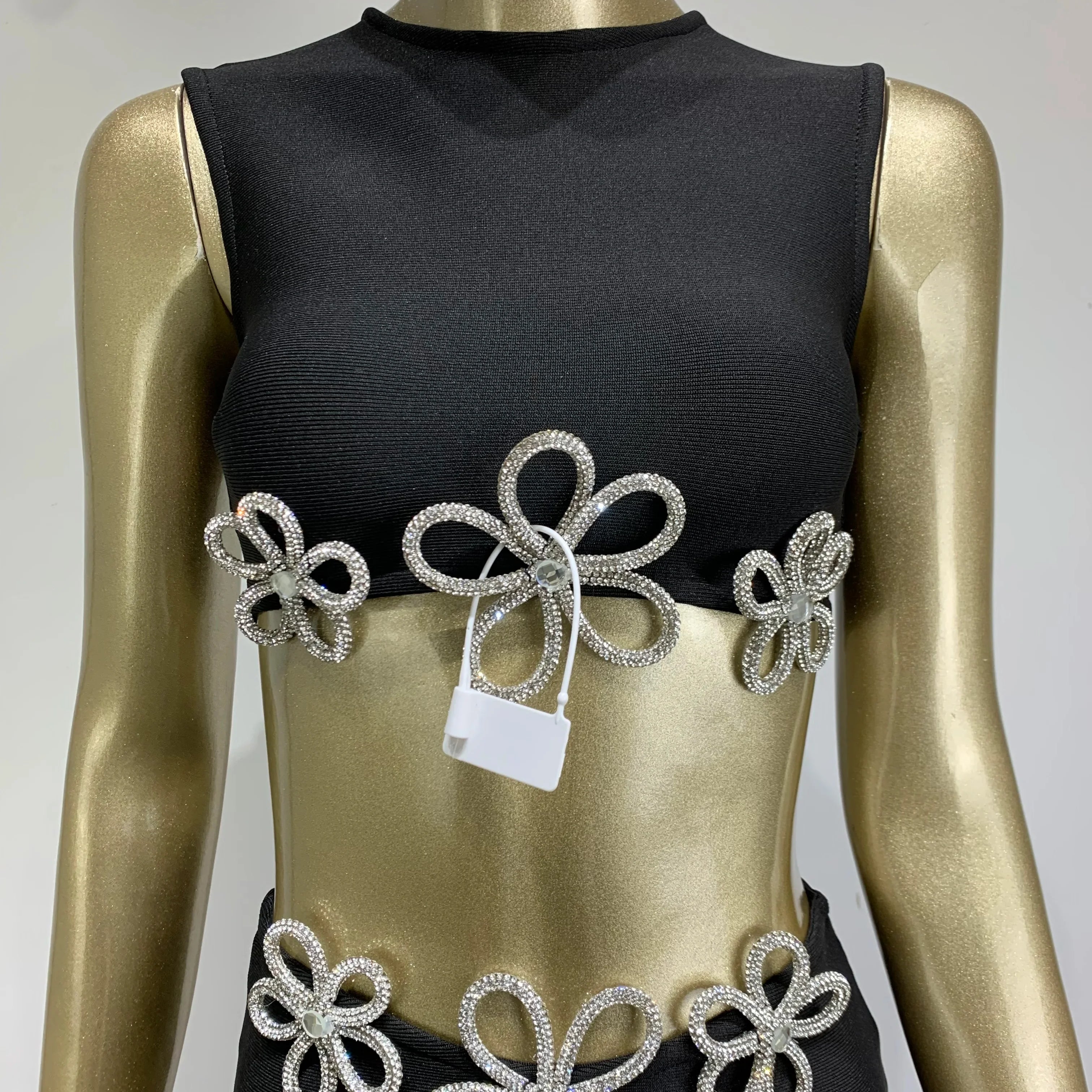 Conjunto de mini saia bandagem preta, sexy, sem mangas, diamantes, malha, elegante, vestido de festa para clube noturno