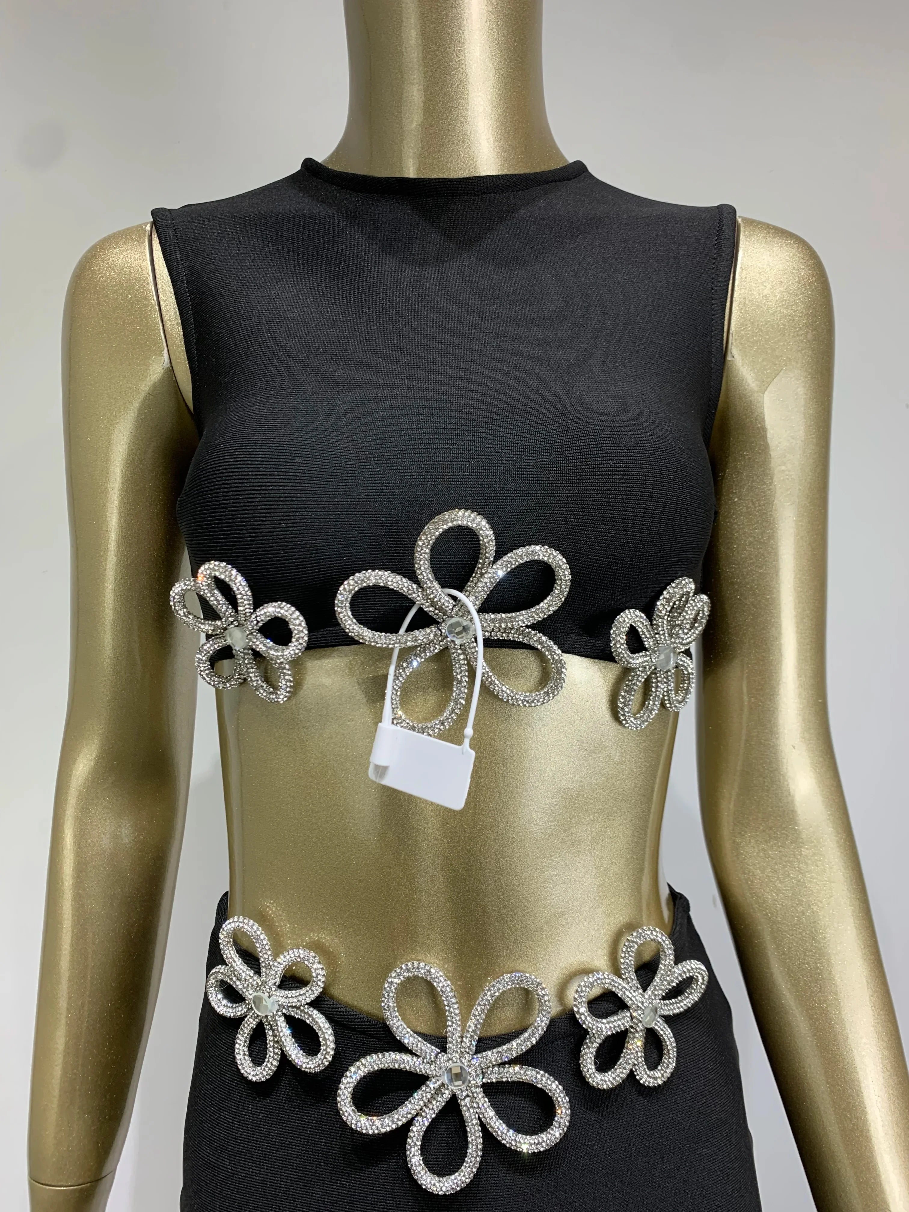 Conjunto de mini saia bandagem preta, sexy, sem mangas, diamantes, malha, elegante, vestido de festa para clube noturno