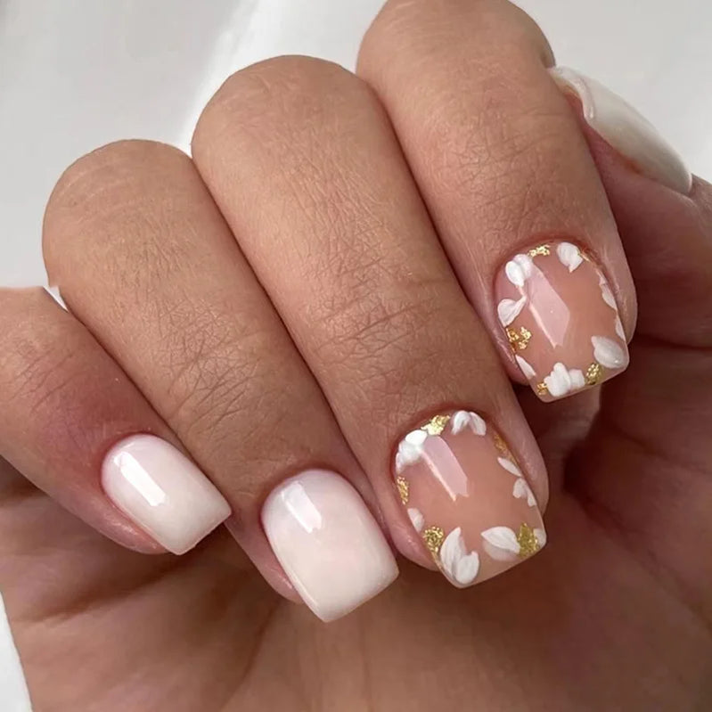 24pcs/set short square fake nails flowers leaf design for summer halloween faux ongles nail tips press on acrylic false nail art
