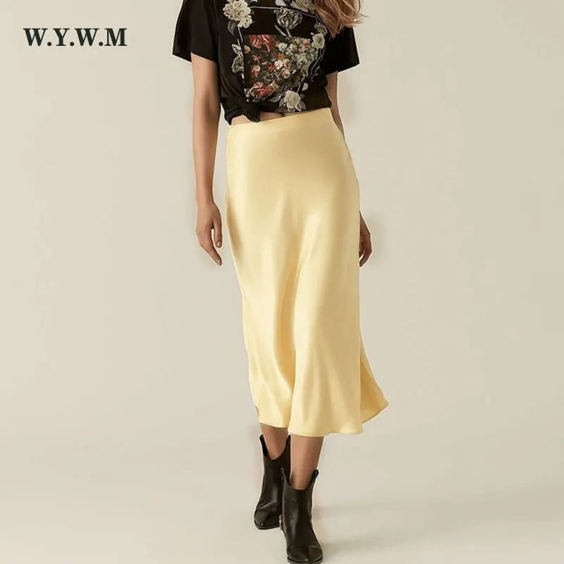 WYWM Summer High Waisted Satin Silk Skirt Women Solid 8 Color Fashion Elegant Ladies Streetwear Skirts Slim A-line Female Dress