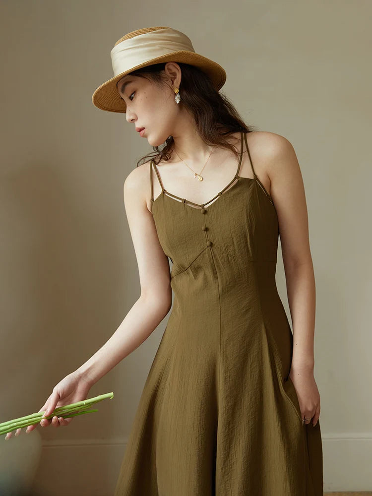 French Retro Design Collar Chic Suspender Skirt for Women New Spring Slim Thin Waist Vintage Elegant Female Dress Light Brown