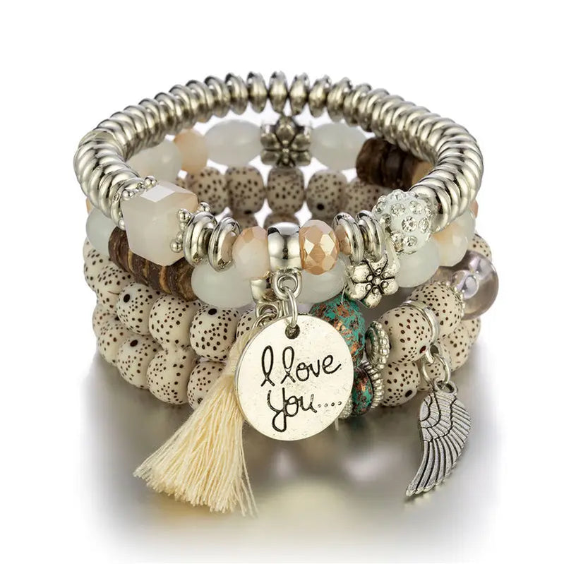 4Pcs Bohemian Women Pink Tassel Bracelet Set For Female I Love You Feather Round Charm Beads Chain Bangle Fashion Party Jewelry BR139-3
