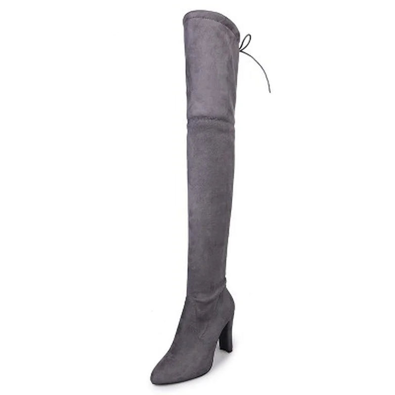 Sexy Party Fashion Suede Leather Shoes Women Over The Knee Heels Boots Stretch Flock Pointed Thick Heel Botas Black Long Boots