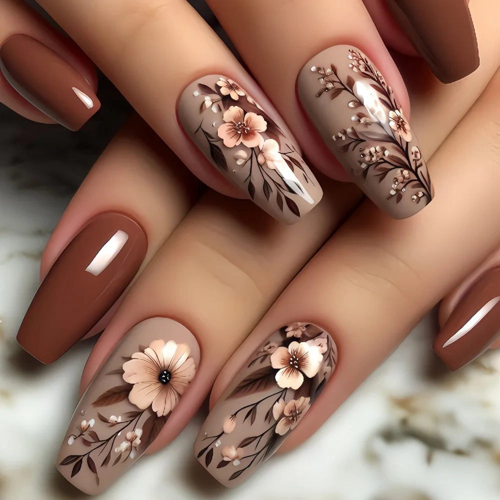 24pcs/set short medium long fake nails for Spring summer season gradient peach flowers butterfly heart press on false nail art