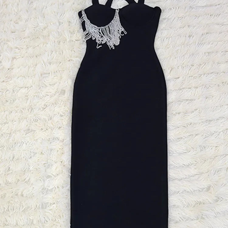 Women Summer Sexy Key Hole Diamonds Tassel Crystal Midi Black Bodycon Bandage Dress Elegant Evening Party Dress Vestido