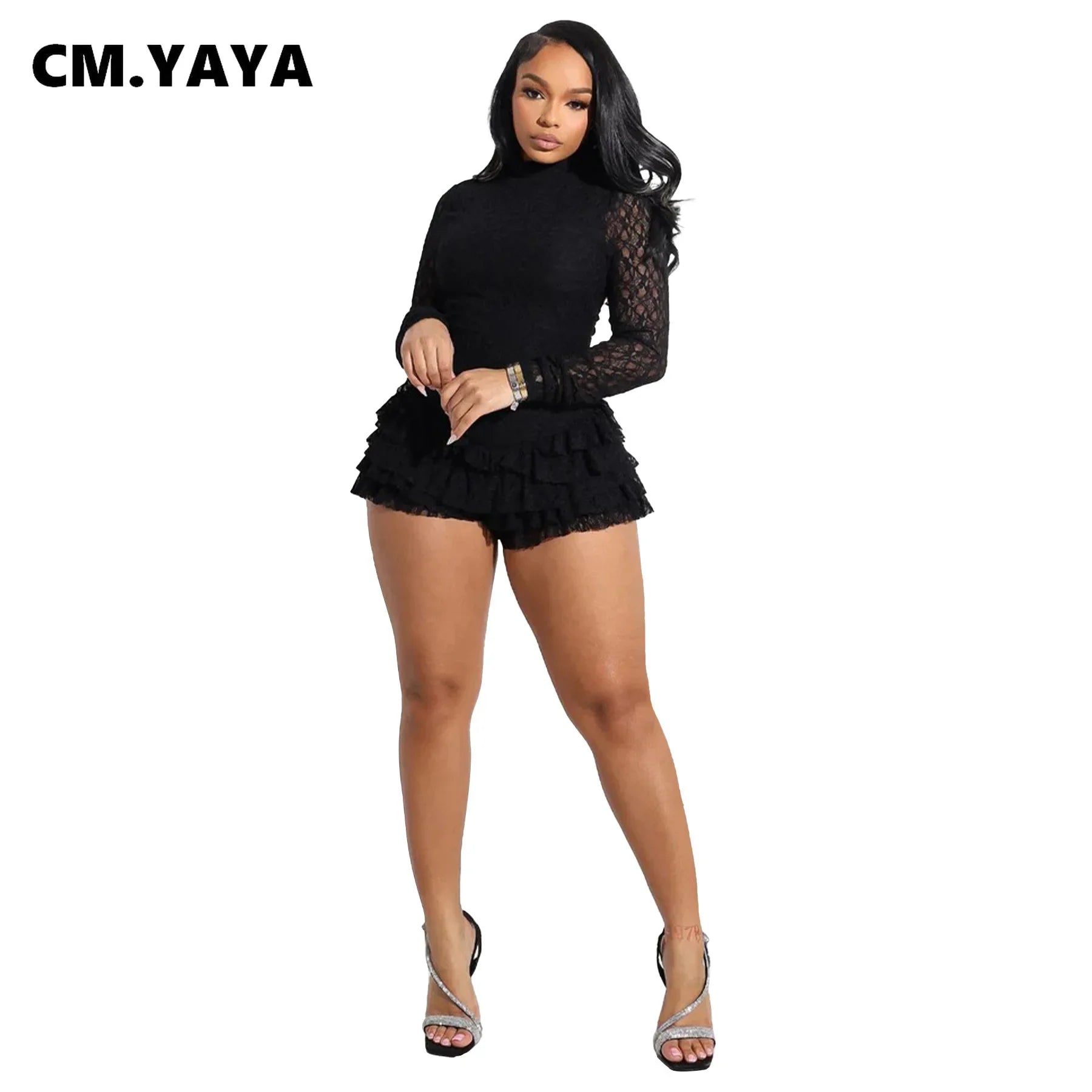 CM.YAYA Women Long Sleeve Lace Ruffles Ruched High Waist Short Jumpsuit Streetwear Backless Street One Piece Romper Playsuit