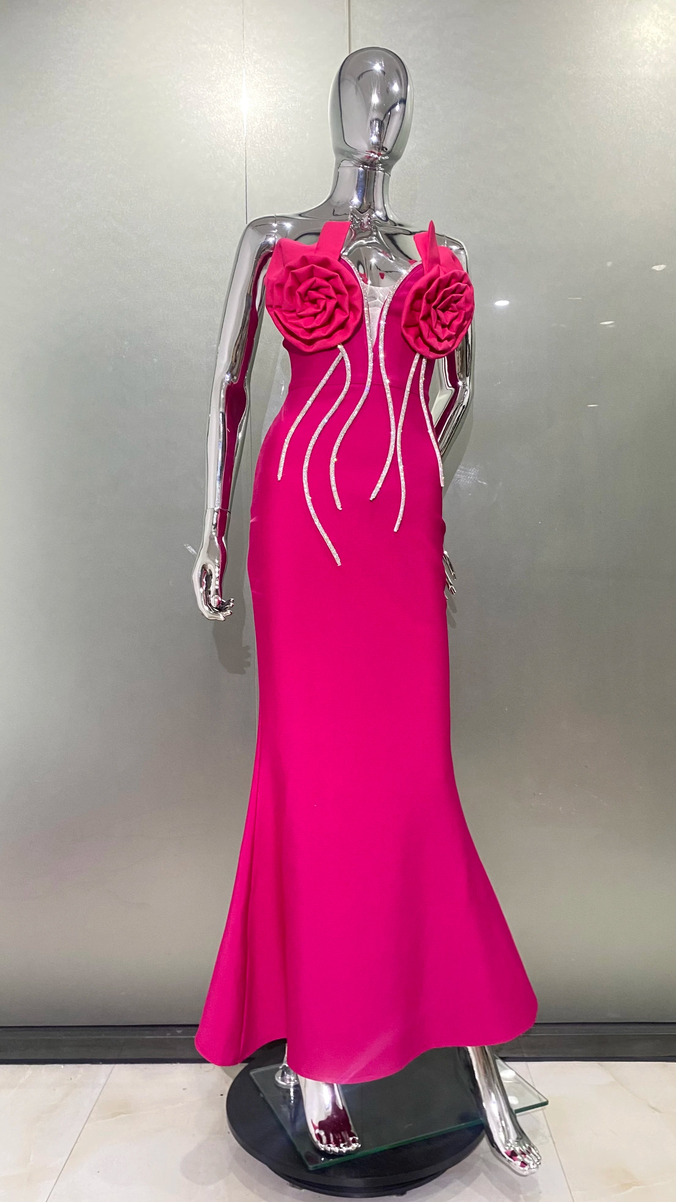 Rosered Color Women Sexy Strapless Florals Bodycon Long Bandage Dress Fashion Celebrate Nightclub Party Birthday Dress