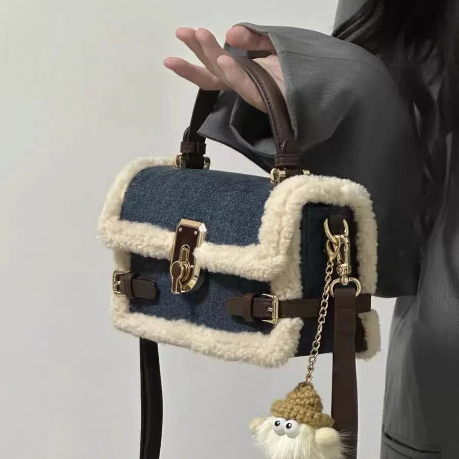 Luxury Women Brand Cashmere and Denim Patchwork Crossbody Bag Retro Flap Messenger Bag