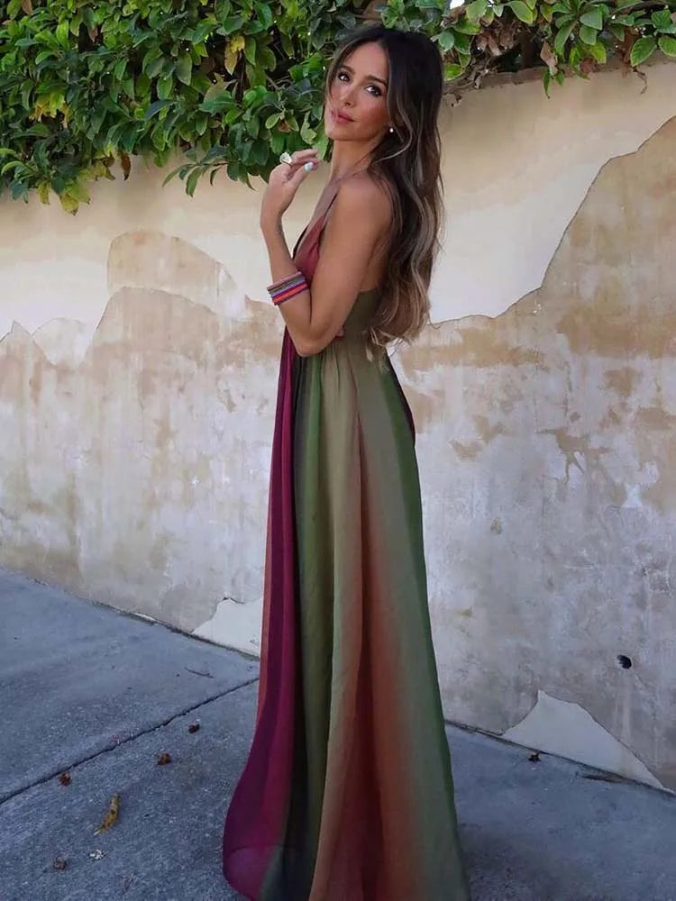 Sexy Backless Slip Long Chiffon Beach Sling Dress For Women Summer Vacation Contrasting V Neck Holiday Beachwear Dresses