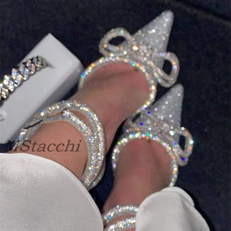 Glitter Rhinestones Women Pumps Crystal Bowknot Satin Sandals 2025 Summer Transparent Shoes High Heels Party Prom Designer Shoes