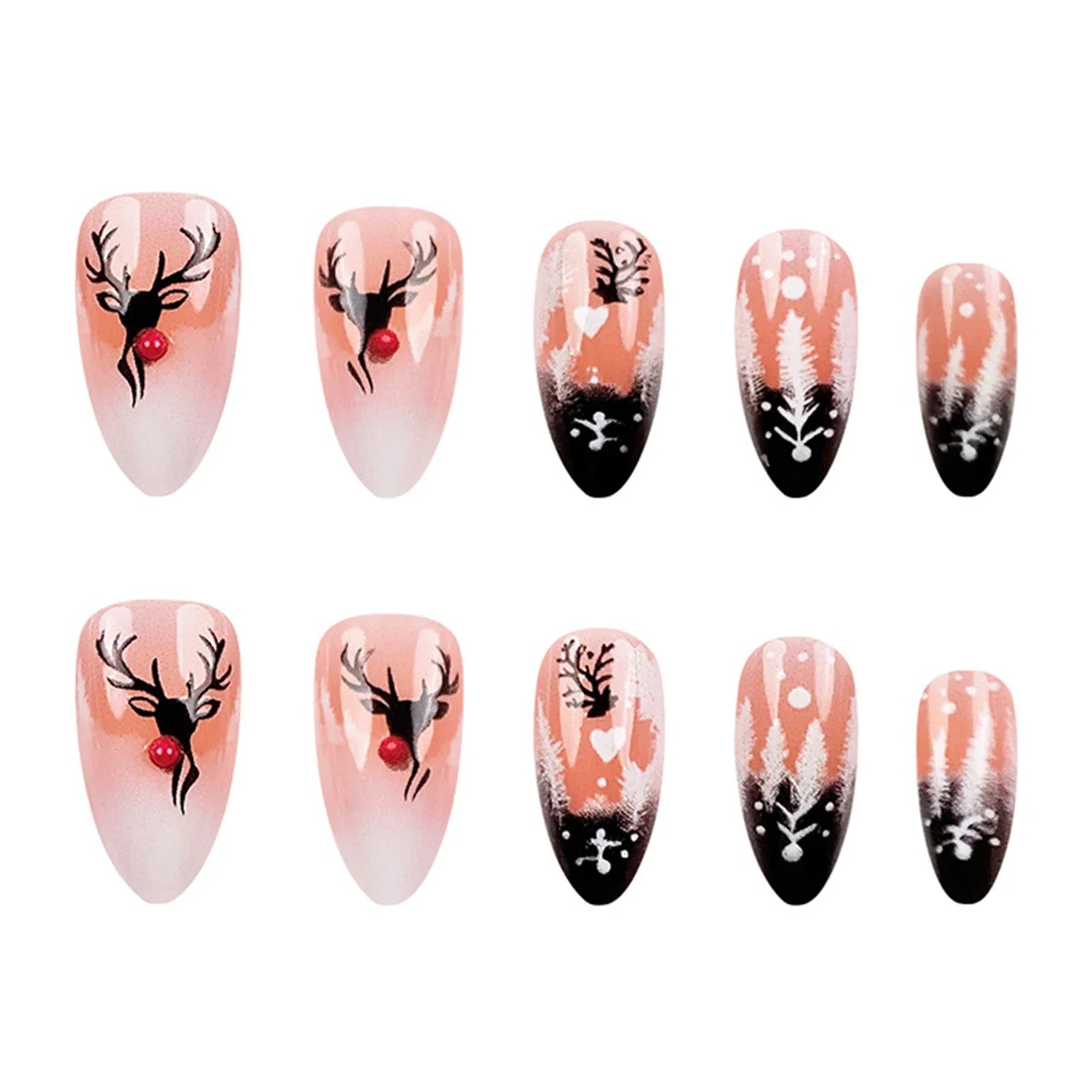 24Pcs Christmas Fake Nails Reindeer Printed Short Almond Press On Nails Black/White French Reusable False Nails DIY Manicure