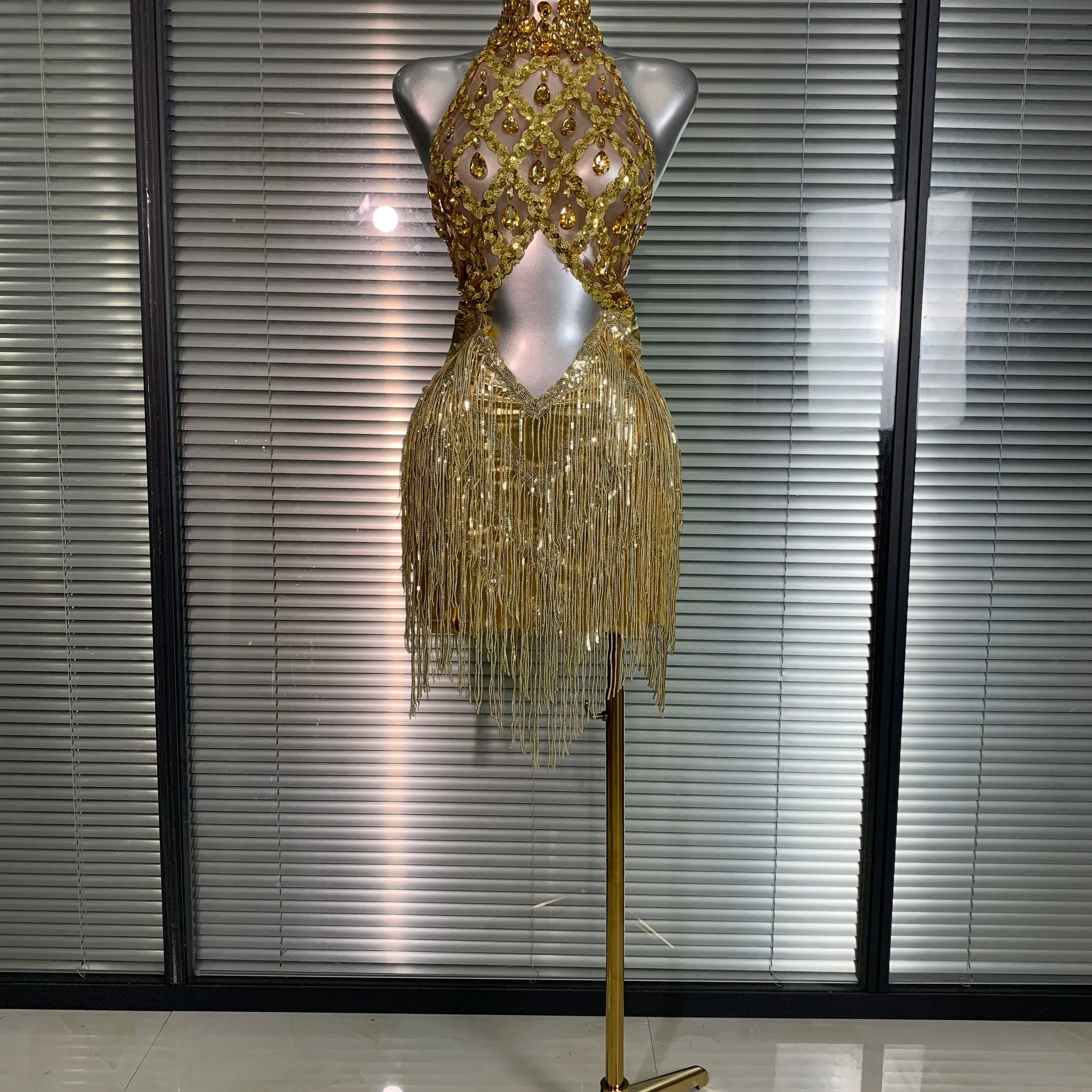 Women Sexy Mesh Tassel Crystal Diamonds Mini Performance Costume Stage Dancer See Through Stretchy Gold Night Club Party Dress