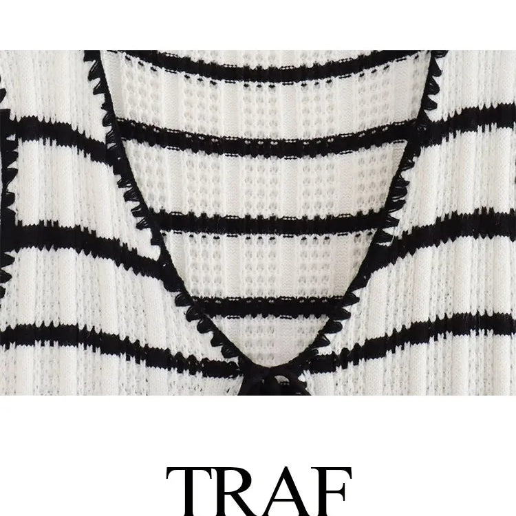 TRAF Women Fashion Summer 2 Pieces Set Black And White Striped V-Neck Lace-Up Tops+Knitted High Waist Wide Leg Pants Female Suit