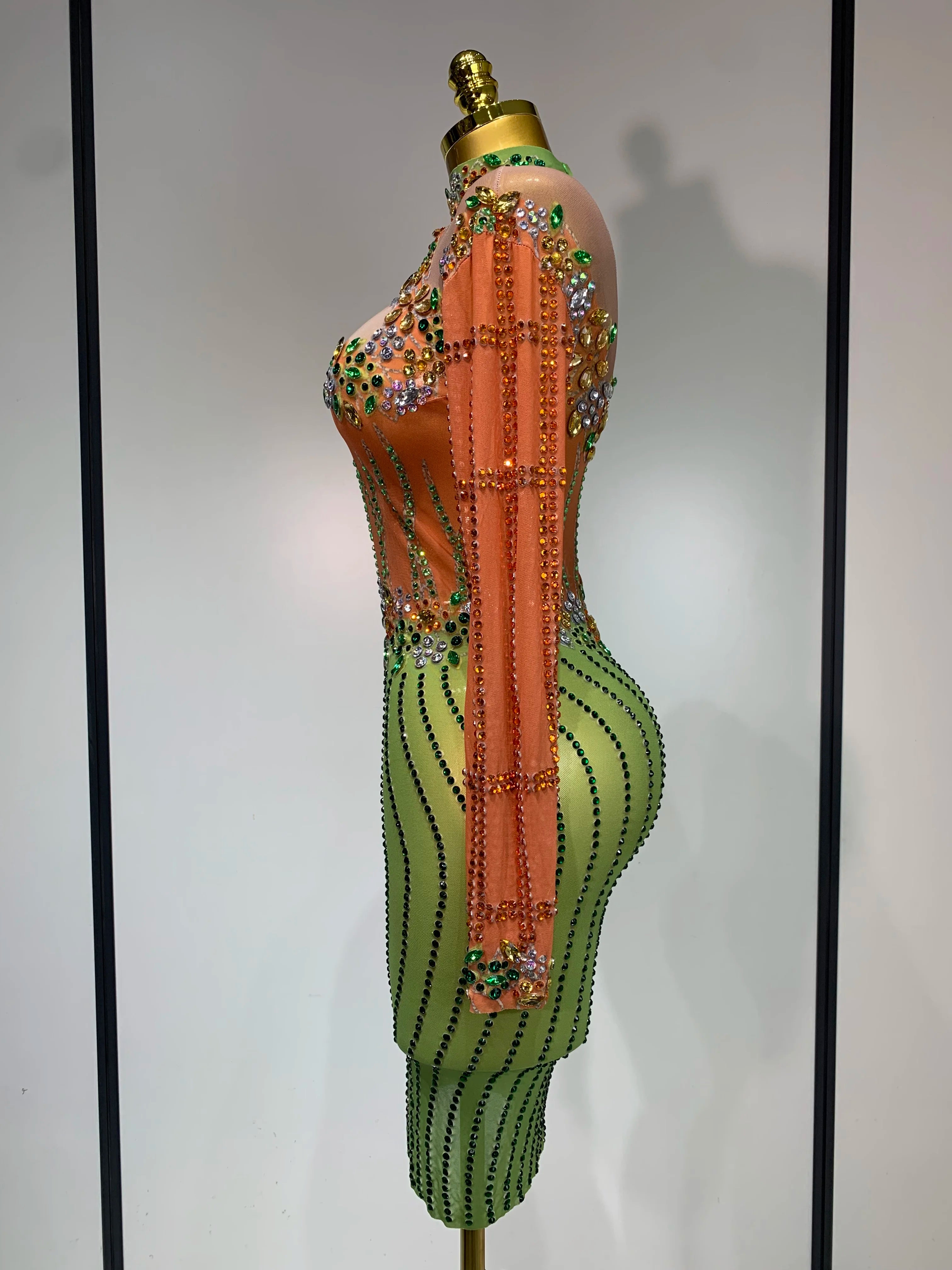 Luxury Birthday Dress Women Sparkly Diamond Short Dress Sexy Mesh See Through Celebrate Evening Party Singer Performance Costume