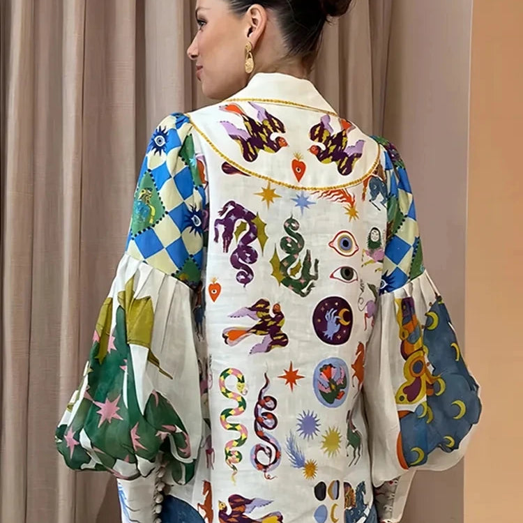 Women's Print Shirt Turn-down Collar Single Breasted Puff Long Sleeve Shirts Autumn Chic Office Lady Blusa Feminina Tops