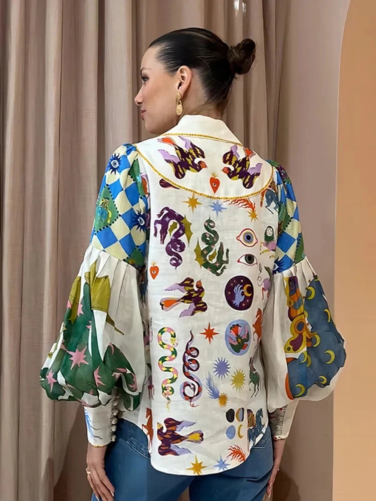 Women's Print Shirt Turn-down Collar Single Breasted Puff Long Sleeve Shirts Autumn Chic Office Lady Blusa Feminina Tops