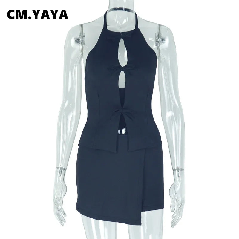 CM.YAYA 2025 Summer Women's Set Sleeveless Hollow Out Top+ Skirts Shorts Cute Street Two 2 Piece Sets Street Outfits Tracksuit