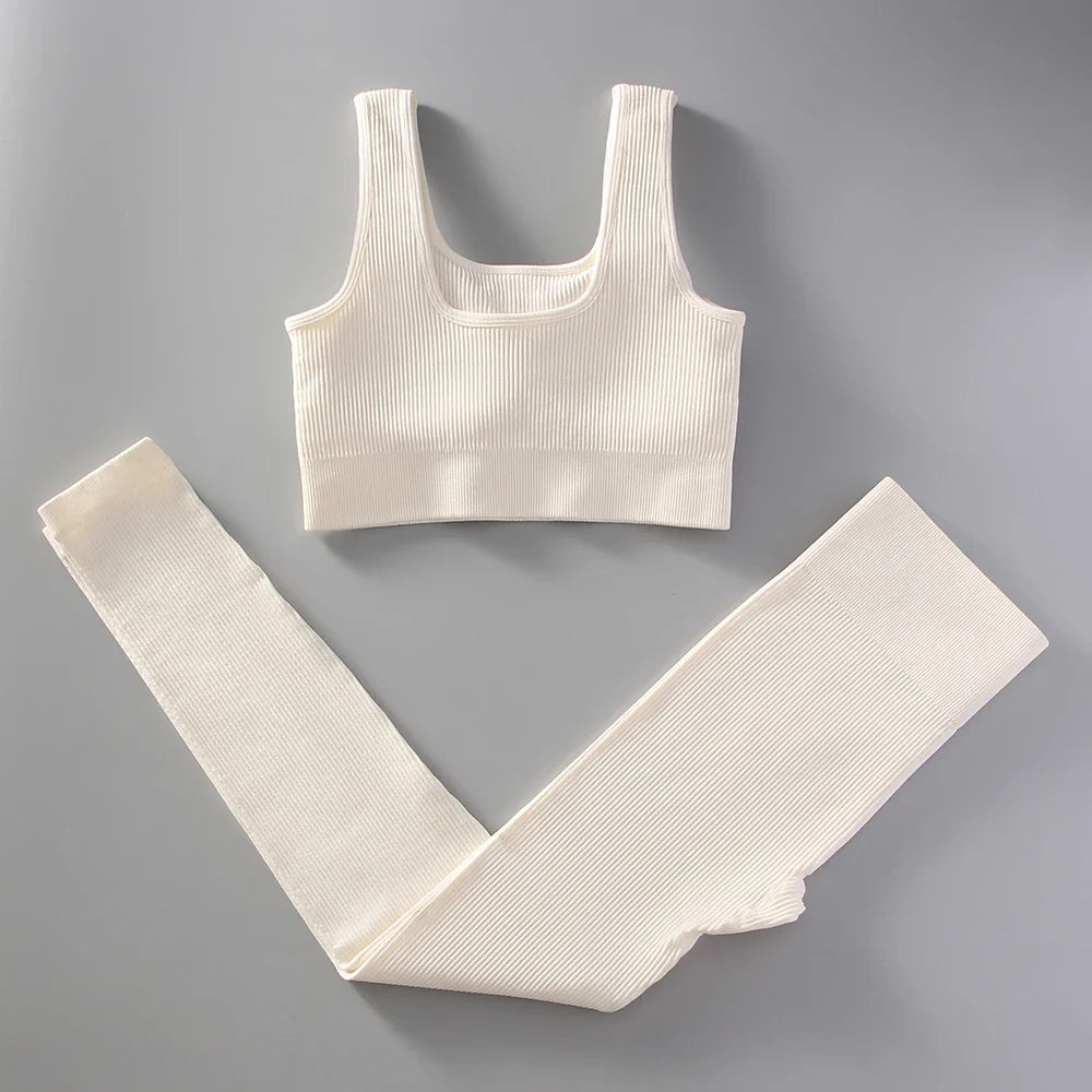 2Pcs White Yoga Clothing Sets Women High Waist Leggings Set Seamless Tracksuit Fitness Workout Outfits Gym Wear Girls Top white CHINA