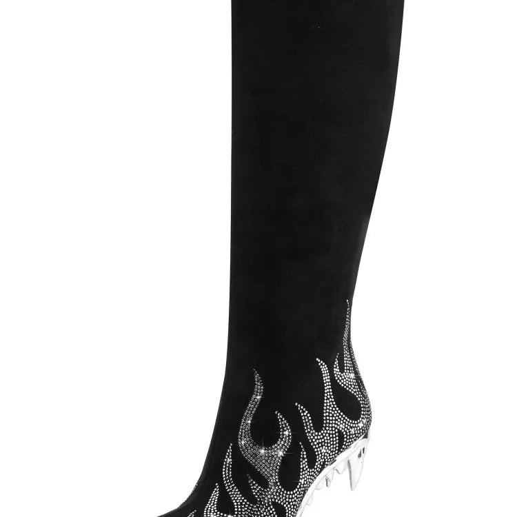 Women's Autumn and Winter New Water Diamond Knee Long Boots Pointed Side Zipper Tiger Teeth High Heels Banquet Party Boots Silver Long Style