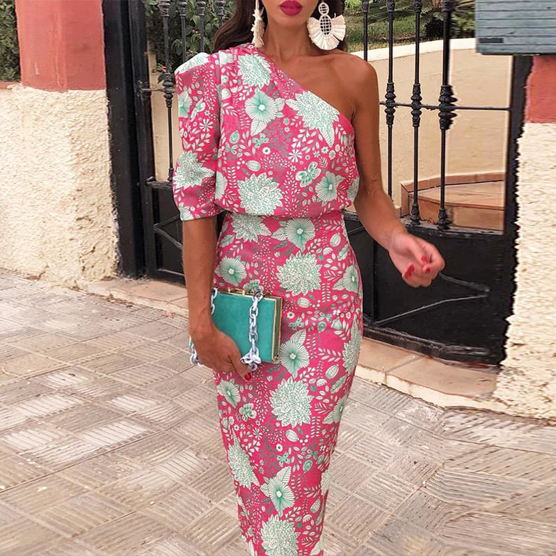 Women Elegant Skew Neck One Shoulder Short Sleeve Dress Sexy Backless Slim Party Dress Ladies Fashion Flower Print Dresses 01 Pink