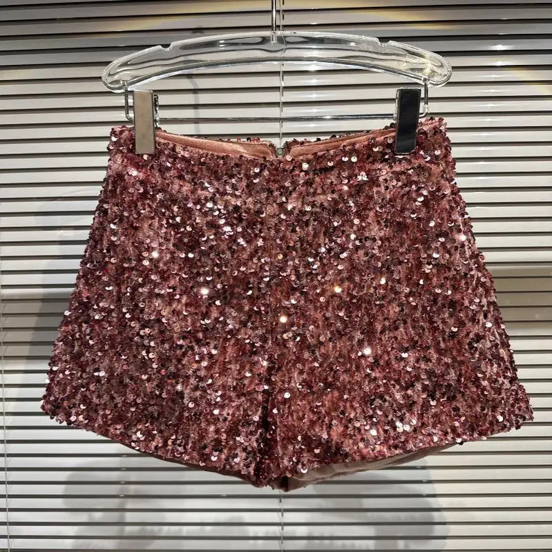 New Clubwear Shorts Ladies Sexy Sequins Shorts Loose High Waist Streetwear Wide Leg Short Pants Sliver Black Women Clothing Pink