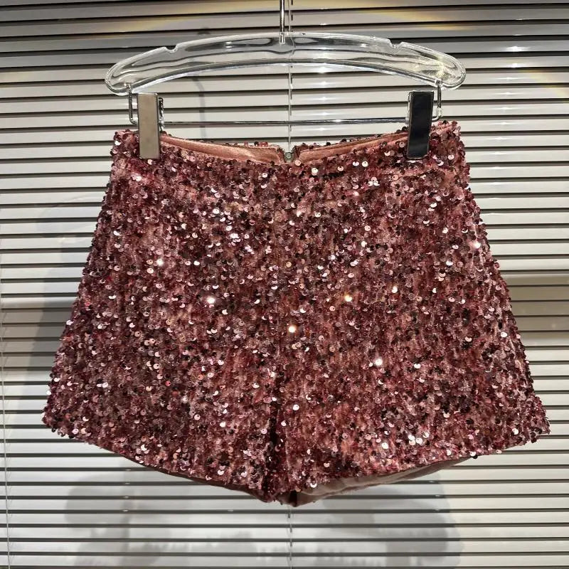 New Clubwear Shorts Ladies Sexy Sequins Shorts Loose High Waist Streetwear Wide Leg Short Pants Sliver Black Women Clothing Pink