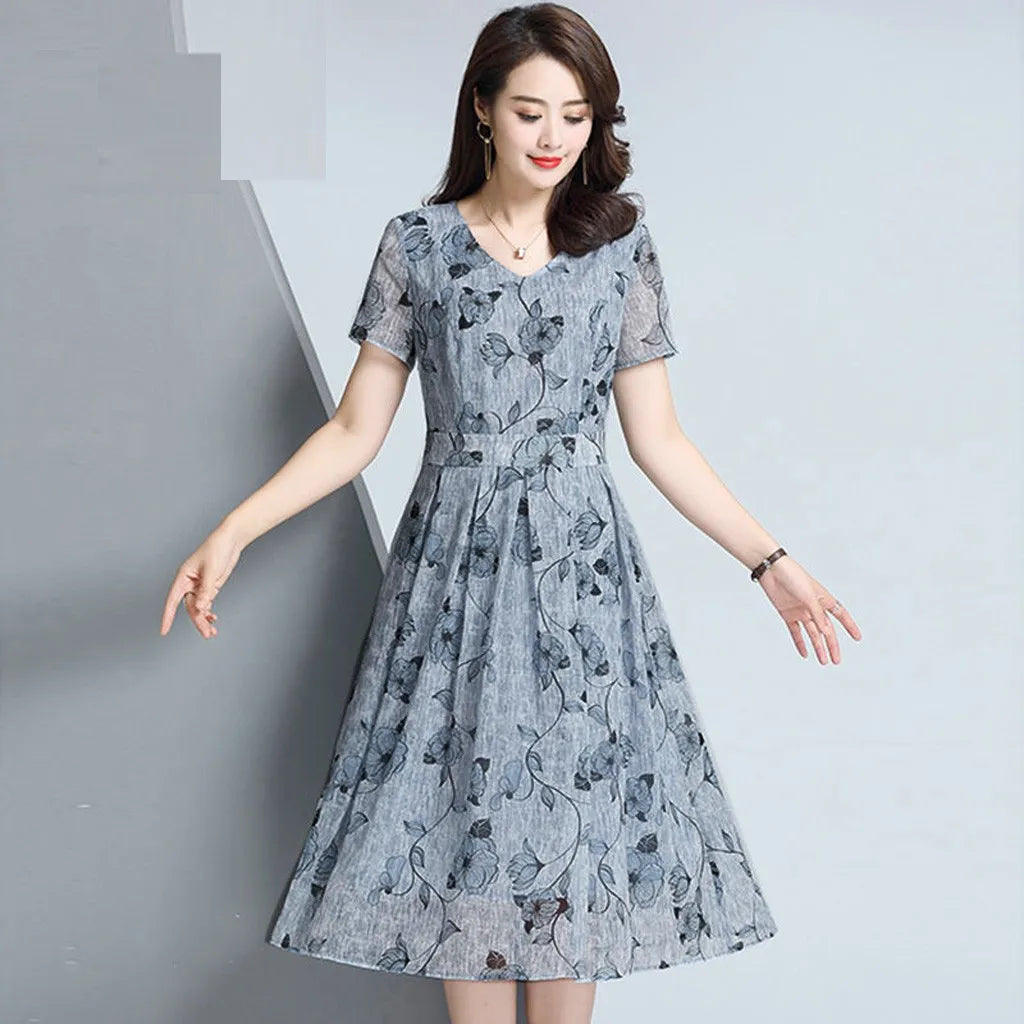 Women Ladies Casual Dress Boho Vintage Floral Print Short Sleeve Dress V-Neck Lower Back Dress Summer Breathable Streetwear Blue