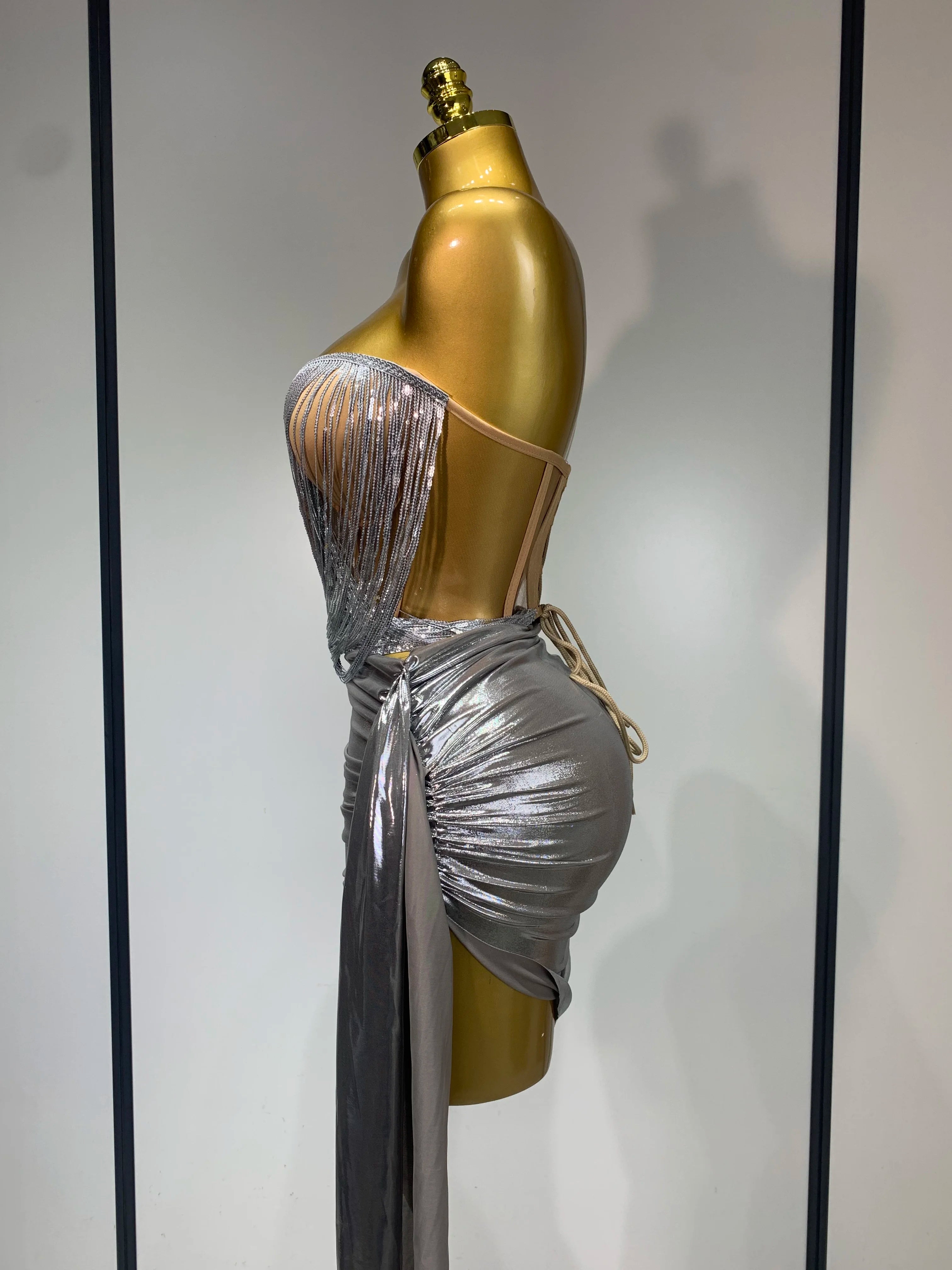 Sparkly Sequin Two Piece Set Sexy Strapless Backless Women Outfit Evening Party Nightclub Stage Performance Dance Costume