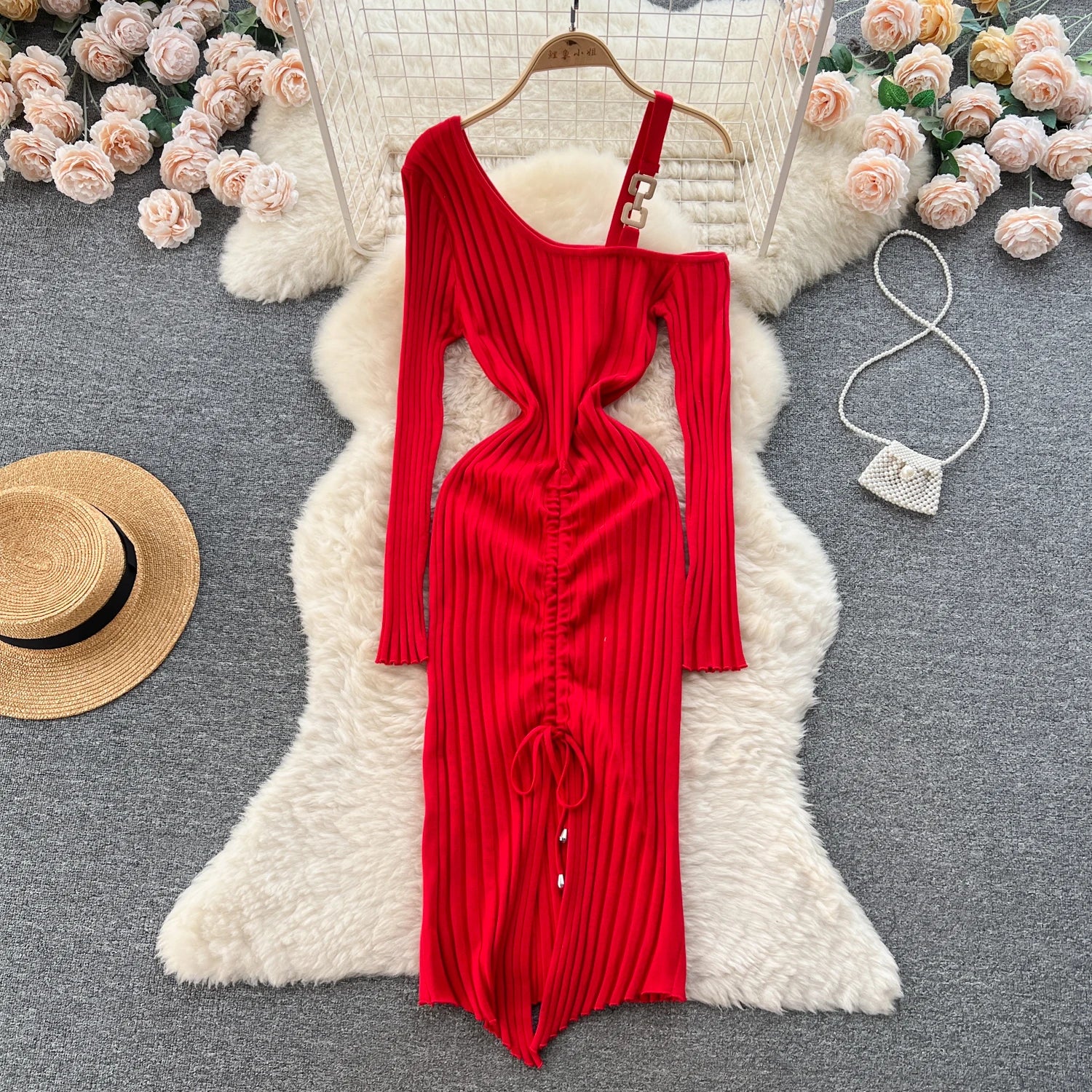 Women Dress Autumn Winter Sexy Package Hips Bodycon Dress Chic Fashion Luxury Knitted Dress Party Vestidos Red One Size