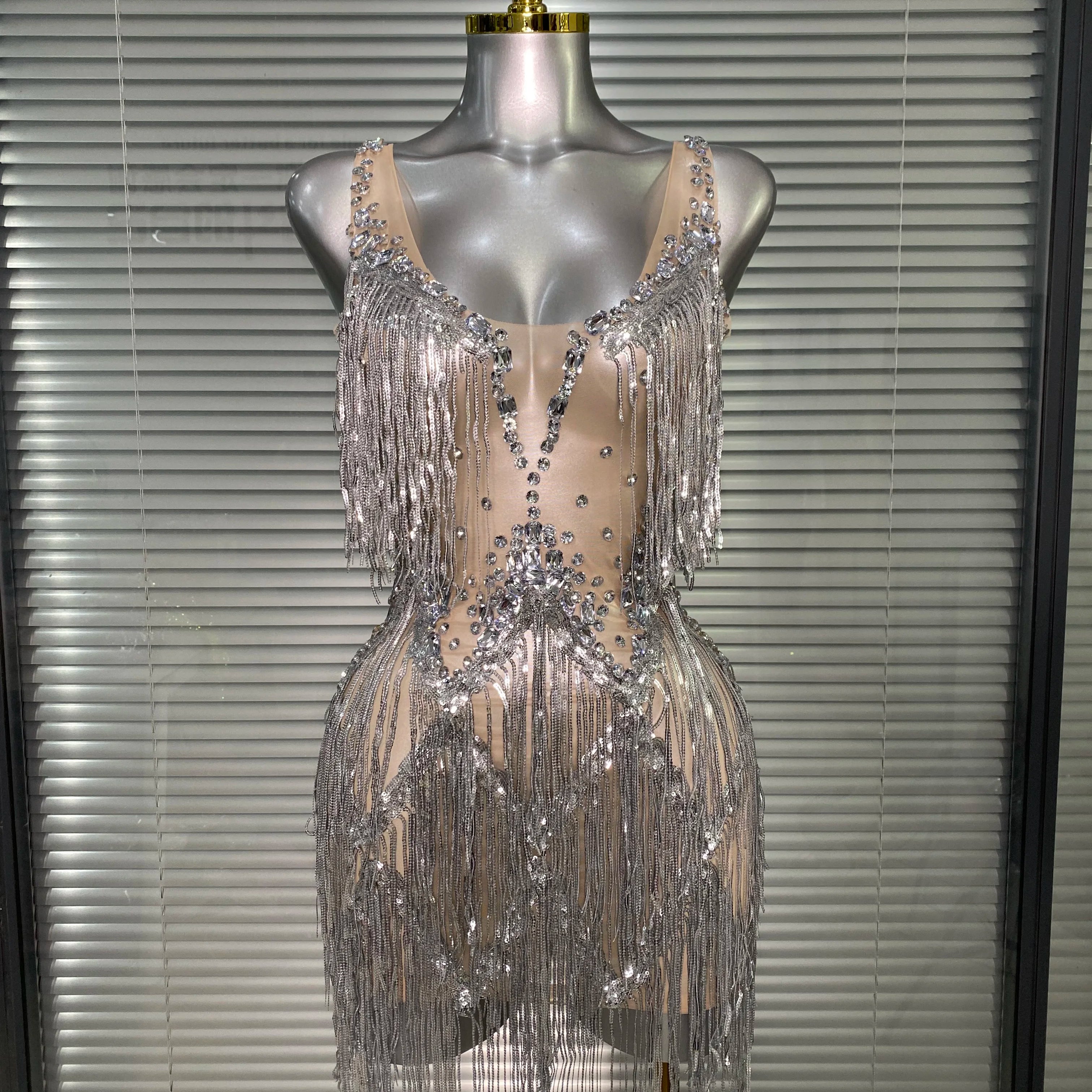 Celebrity New Women Sexy Mesh Sleeveless Stage Performance Costume Crystal Tassel Dancer Singer Night Club Mini Party Dress