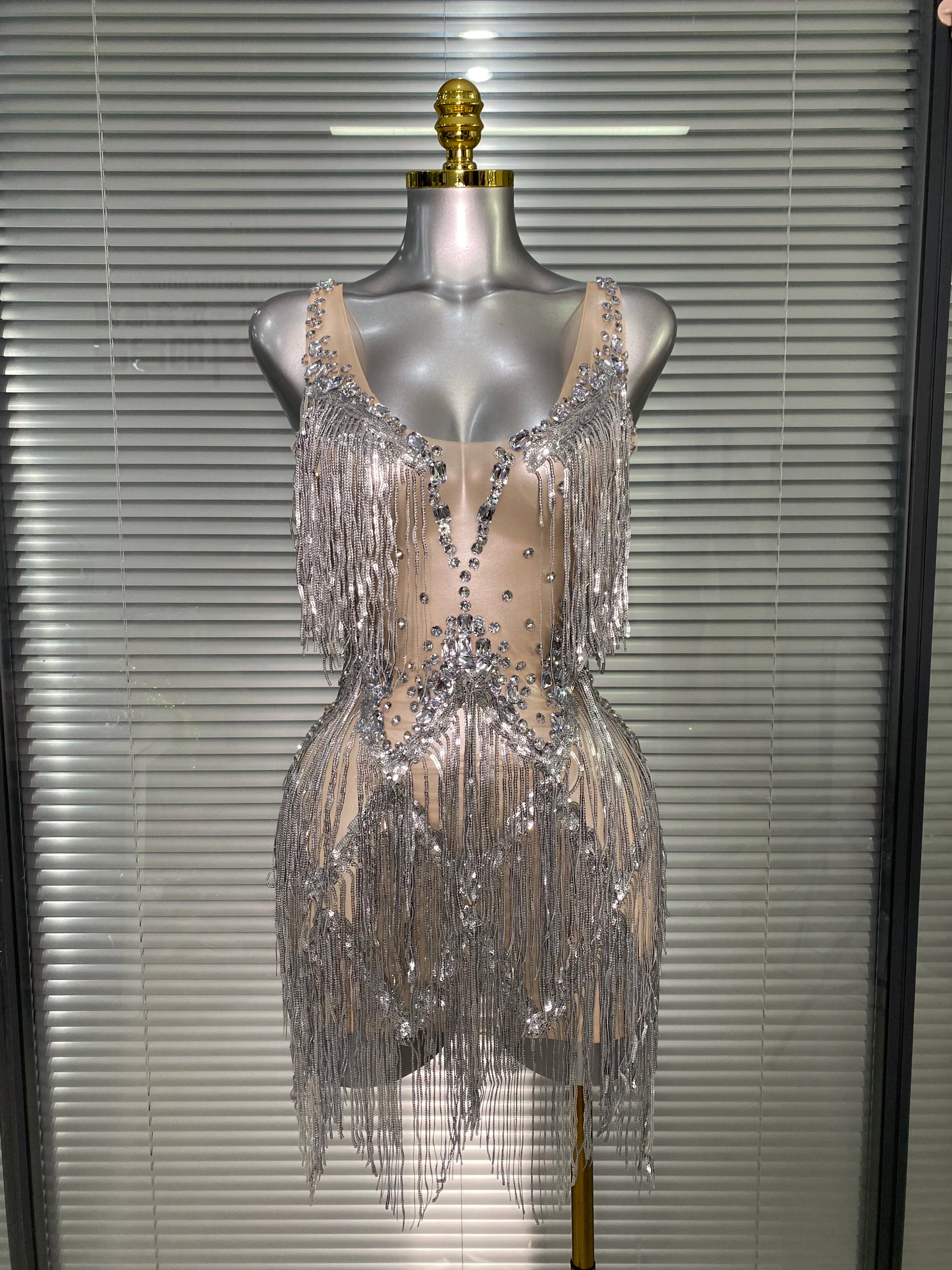 Celebrity New Women Sexy Mesh Sleeveless Stage Performance Costume Crystal Tassel Dancer Singer Night Club Mini Party Dress