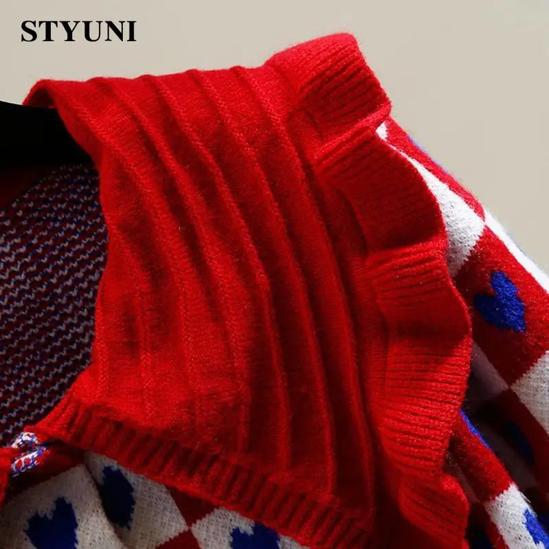 Heart-Shaped Plaid Peter pan Collar Acrylic Knitted Long Sleeve Women's Sweater Korean Fashion Chic Single Breasted Cardigan