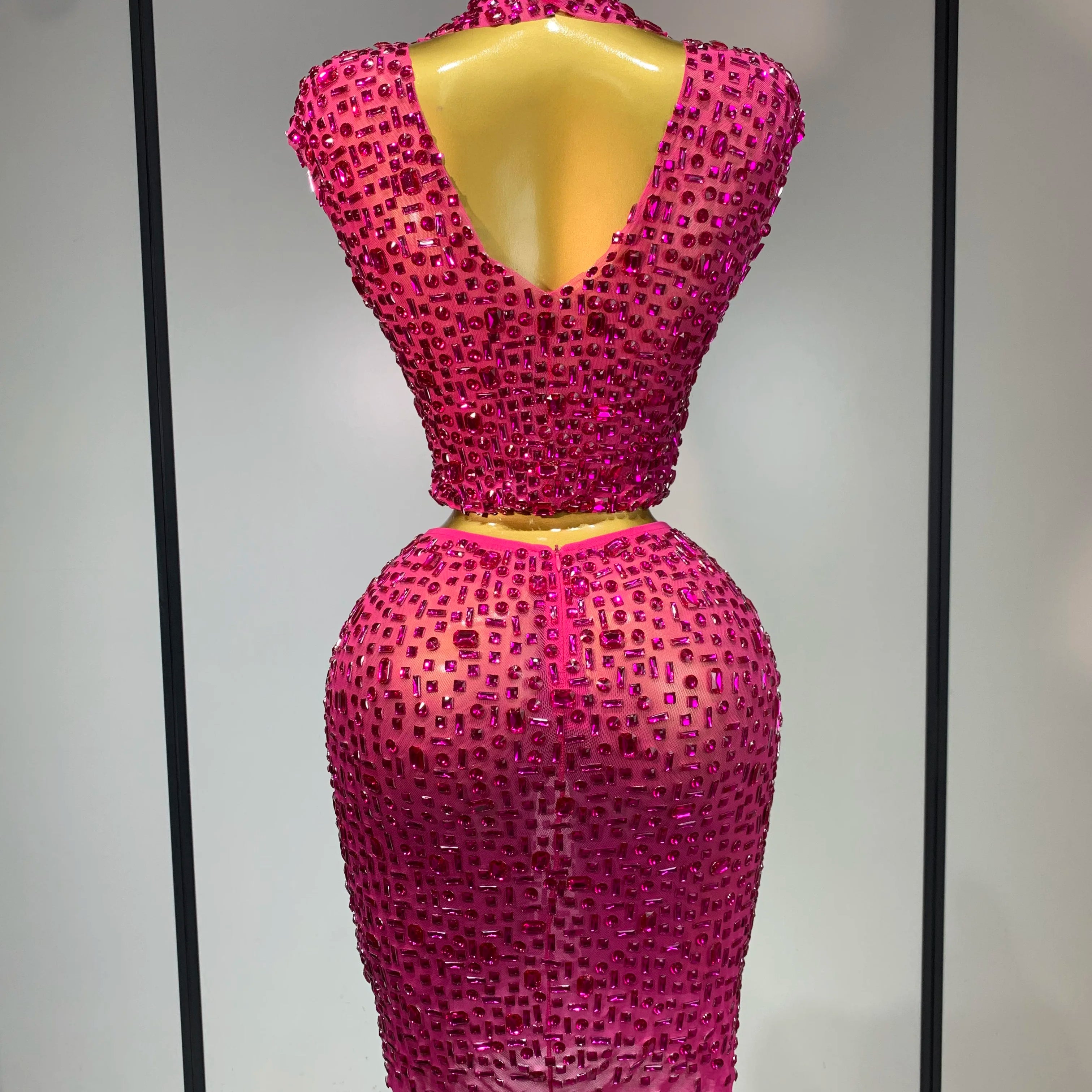 Sexy Sparkly Crystal Diamonds Mesh See Through Two Piece Set Women Elegant Evening Party Costume Singer Stage Performance Outfit