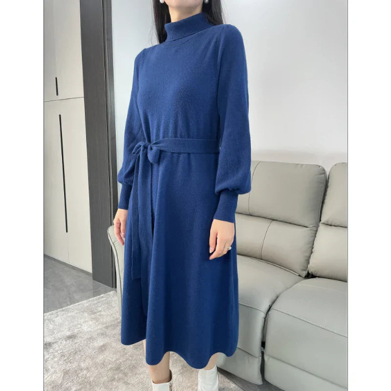 Dress Women's Autumn and Winter Knitted Thickened High Neck Long Sleeve Solid Color with Coat Medium Long Warm Fashion Elegant Navy Blue